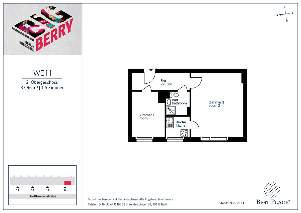 Wohnung zum Kauf provisionsfrei 172.000 € 1,5 Zimmer 38 m²<br/>Wohnfläche 2.<br/>Geschoss Großbeerenstraße 43 Kreuzberg Berlin 10965