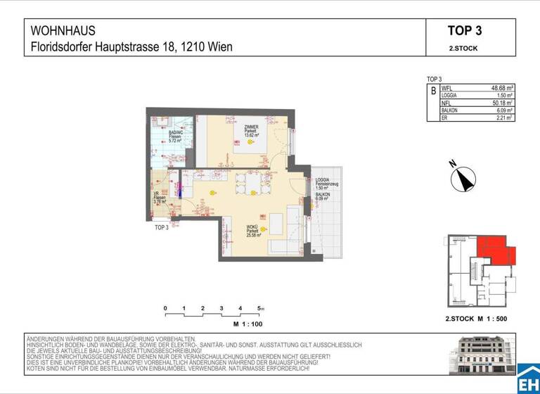 Wohnung zur Miete - Erstbezug 744 € 2 Zimmer 48,7 m² 2. Geschoss frei ab 01.05.2026 Wien 1210