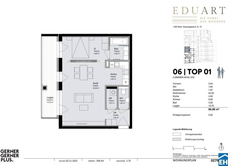 Wohnung zur Miete 1.098 € 2 Zimmer 61 m² EG Eduardgasse Wien 1180