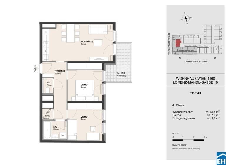 Wohnung zur Miete - Erstbezug 1.179 € 3 Zimmer 61,6 m² 4. Geschoss Lorenz-Mandl-Gasse Wien 1160