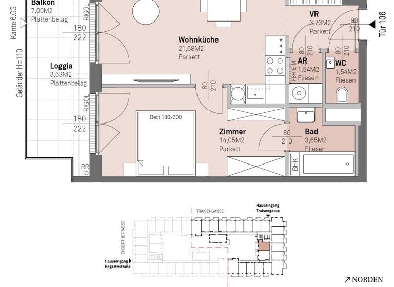 Wohnung zum Kauf - Erstbezug 365.300 € 2 Zimmer 46,2 m² 5. Geschoss frei ab 30.06.2028 Traisengasse 20-22 Wien 1200