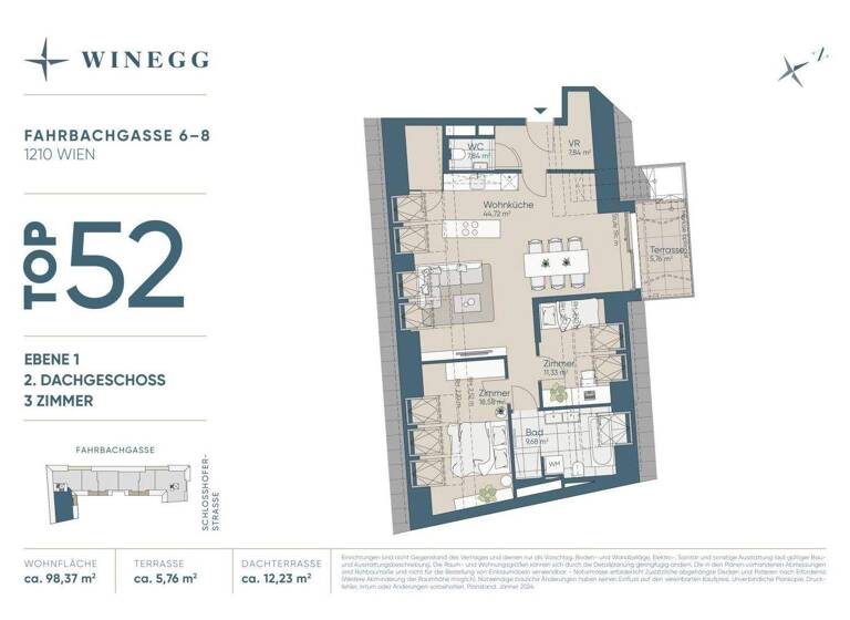 Wohnung zum Kauf - Erstbezug 688.200 € 3 Zimmer 98,3 m² 6. Geschoss Fahrbachgasse 6-8 Wien 1210