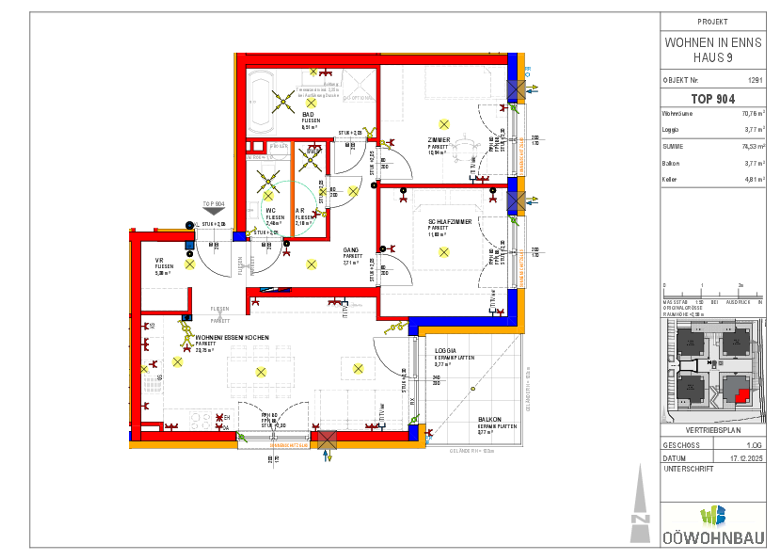 Wohnung zur Miete - Erstbezug 837 € 3 Zimmer 70,8 m² 1. Geschoss Kellner-Straße/Perausch-Straße Enns 4470