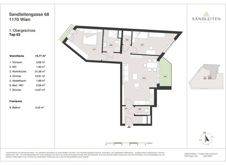 Wohnung zum Kauf - Erstbezug 619.000 € 3 Zimmer 74,8 m² 1. Geschoss Wien,Hernals 1170