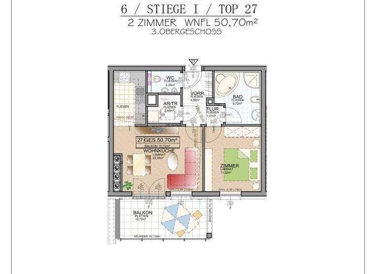 Wohnung zur Miete 870 € 3 Zimmer 50,7 m² 3. Geschoss frei ab sofort Wiener Neudorf 2351