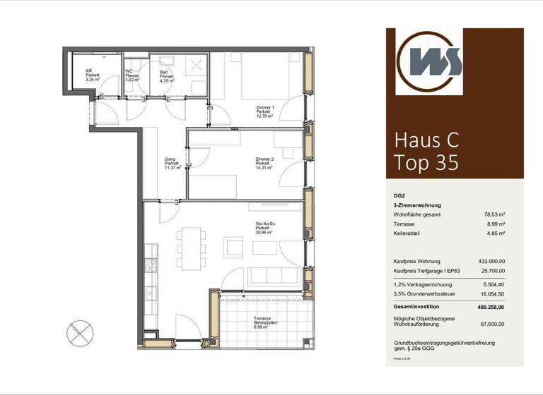 Wohnung zum Kauf - Erstbezug 433.000 € 3 Zimmer 78,5 m² 2. Geschoss frei ab 01.09.2026 Gantschierstraße 10 Schruns 6780