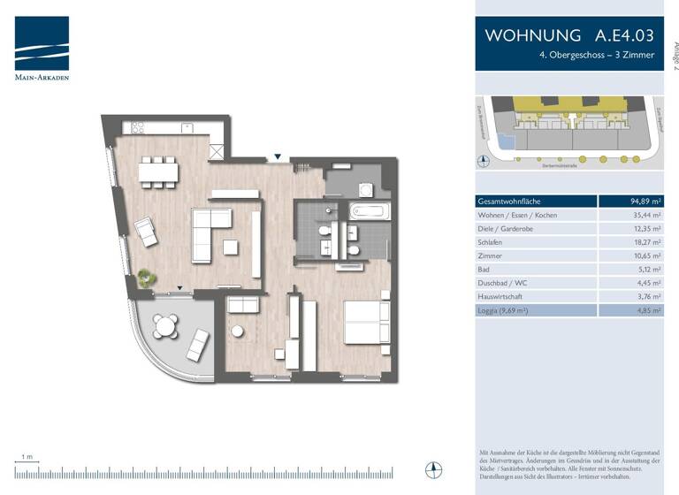 Wohnung zur Miete 1.565 € 3 Zimmer 94,9 m² 4. Geschoss frei ab 01.06.2026 Zum Brommenhof 11 Sachsenhausen Frankfurt am Main 60594