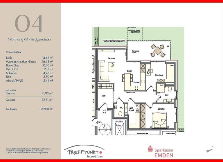 Wohnung zum Kauf provisionsfrei 369.000 € 3 Zimmer 82,6 m² Larrelt Emden 26723