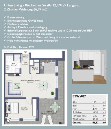 Wohnung zur Miete 860 € 2 Zimmer 67 m² 1. Geschoss frei ab 01.02.2025 Riedheimer Straße 12 Langenau Langenau 89129