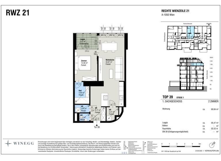 Wohnung zum Kauf - Erstbezug 990.000 € 2 Zimmer 60,8 m² 4. Geschoss Rechte Wienzeile 21 Wien 1040