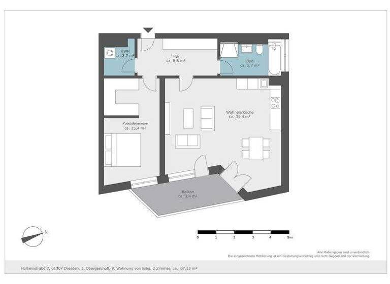 Wohnung zur Miete 850 € 2 Zimmer 66,7 m² 1. Geschoss frei ab 08.03.2026 Holbeinstr. 7 Johannstadt-Süd Dresden 01307