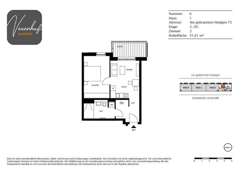 Wohnung zur Miete 735 € 2 Zimmer 51,6 m² 2. Geschoss frei ab 01.05.2026 Am gebrannten Heidgen 75 Buchholz Duisburg 47249