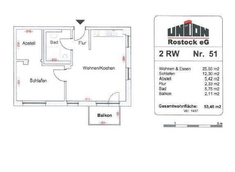 Wohnung zur Miete 480 € 2 Zimmer 53,5 m² 4. Geschoss frei ab 01.05.2026 Berringerstraße 28 Dierkow-Neu Rostock 18146