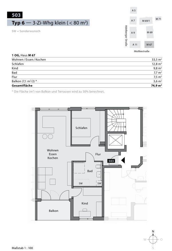 Wohnung zur Miete 1.300 € 3 Zimmer 75 m²<br/>Wohnfläche 1.<br/>Geschoss 01.06.2025<br/>Verfügbarkeit Moltkestraße 67 Stadtgarten Heilbronn 74076