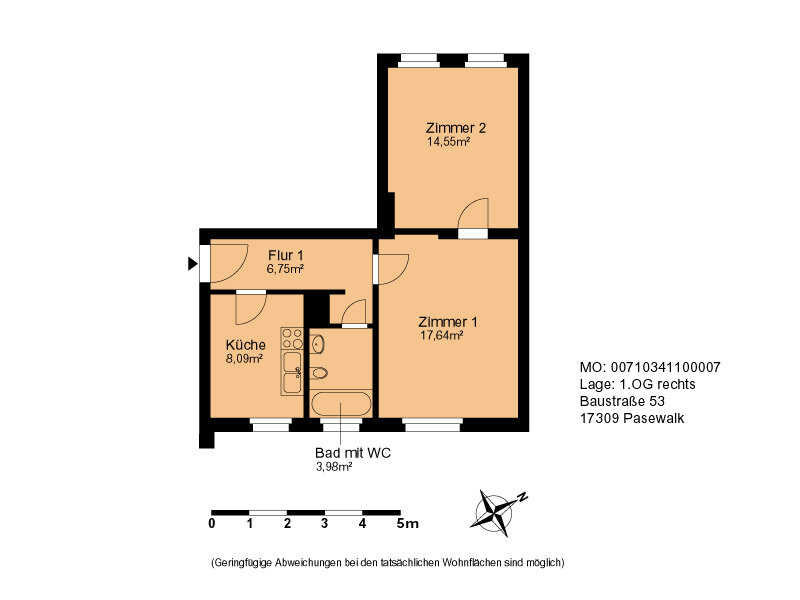 Wohnung zur Miete 295 € 2 Zimmer 50,8 m²<br/>Wohnfläche 1.<br/>Geschoss 15.12.2024<br/>Verfügbarkeit Baustraße 53 Pasewalk Pasewalk 17309