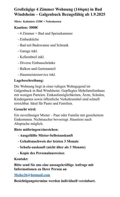 Wohnung zur Miete 1.250 € 4 Zimmer 144 m² Geschoss 1/1 frei ab 01.09.2025 Bad Windsheim Bad Windsheim 91438