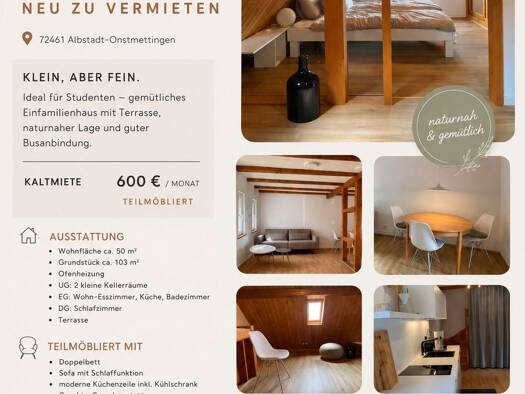 Haus zur Miete 600 € 1,5 Zimmer 50 m² 103 m² Grundstück frei ab 01.11.2026 Onstmettingen Albstadt 72461