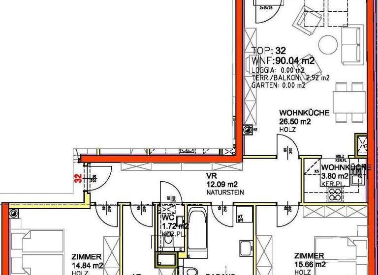 Wohnung zur Miete 1.277 € 3 Zimmer 90 m² 5. Geschoss Flachgasse Wien 1150