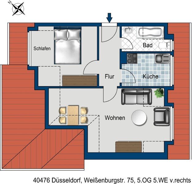 Wohnung zur Miete 728,28 € 2 Zimmer 51 m²<br/>Wohnfläche 5. OG<br/>Geschoss 23.09.2024<br/>Verfügbarkeit Weißenburgstr. 75 Derendorf Düsseldorf 40476
