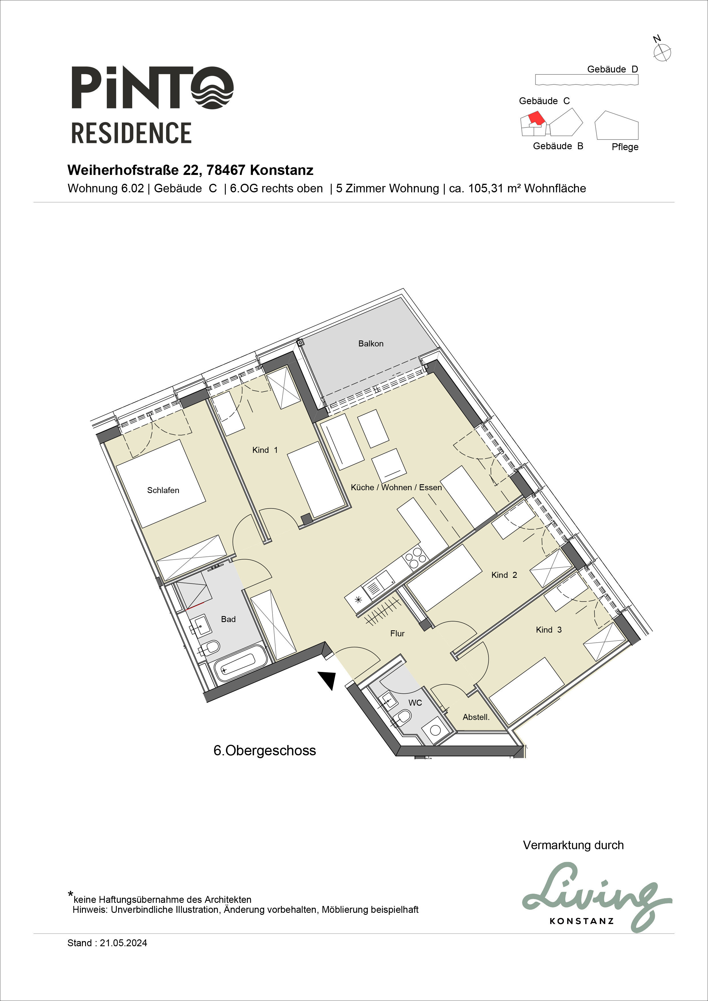 Wohnung zur Miete 2.195 € 5 Zimmer 105,3 m²<br/>Wohnfläche 6.<br/>Geschoss 01.03.2025<br/>Verfügbarkeit Petershausen-West Konstanz 78467