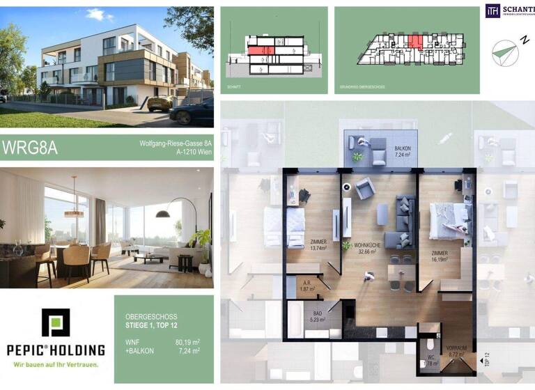 Wohnung zum Kauf - Erstbezug provisionsfrei 426.500 € 3 Zimmer 80,2 m² 1. Geschoss Wolfgang-Riese-Gasse Wien,Floridsdorf 1210