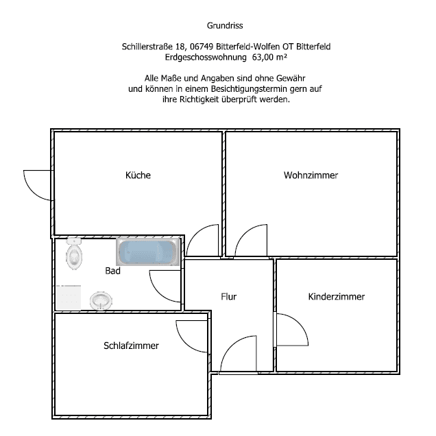 Wohnung zur Miete 410 € 3 Zimmer 61 m²<br/>Wohnfläche 1.<br/>Geschoss ab sofort<br/>Verfügbarkeit Schillerstraße 18 Bitterfeld Bitterfeld 06749