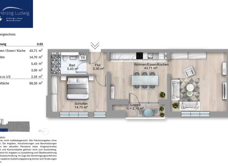 Wohnung zum Kauf provisionsfrei 599.900 € 2,5 Zimmer 69,3 m² 3. Geschoss Altenerding Erding 85435