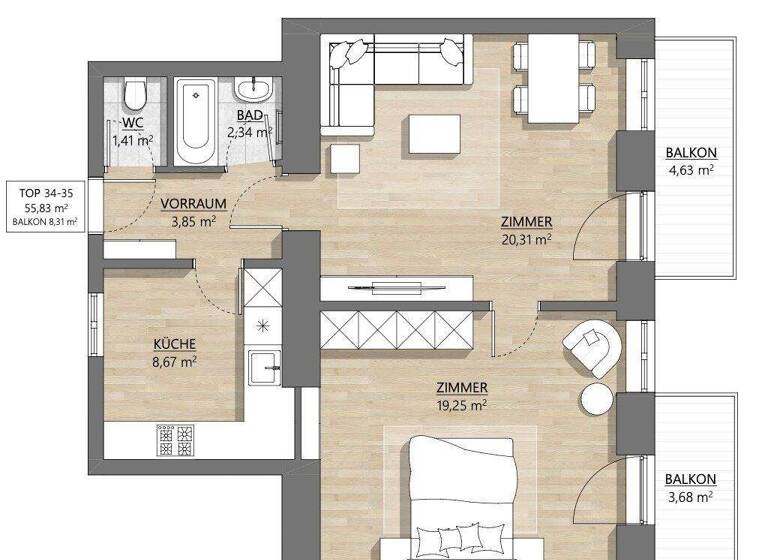 Wohnung zum Kauf 210.000 € 2,5 Zimmer 55,8 m² 2. Geschoss Pasettistraße Wien 1200