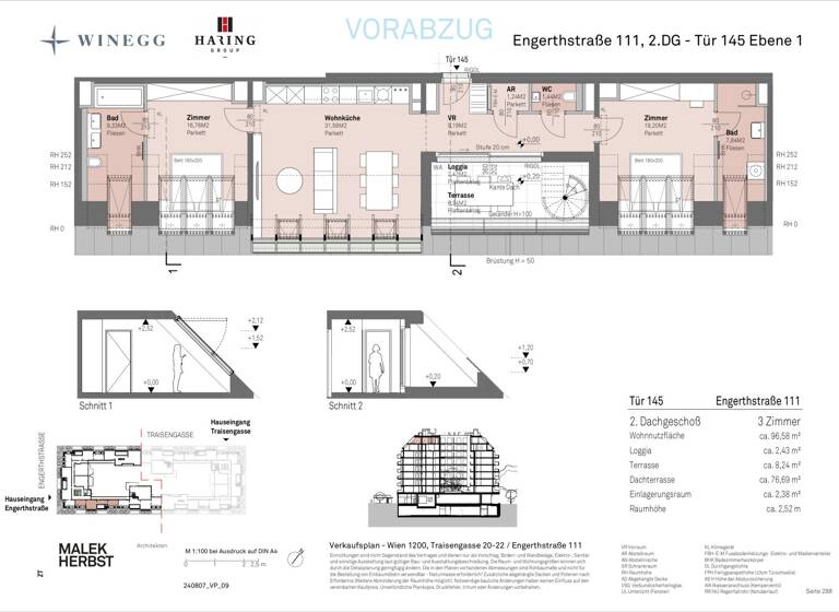 Wohnung zum Kauf - Erstbezug 958.400 € 3 Zimmer 96,6 m² 8. Geschoss Traisengasse 20-22 Wien 1200