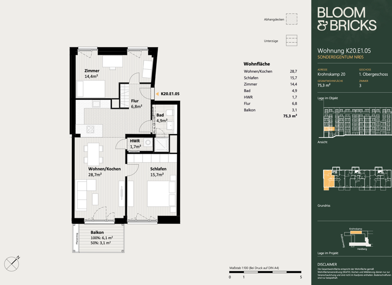 Wohnung zum Kauf - Neubau 815.000 € 3 Zimmer 75,3 m² 1. Geschoss Winterhude Hamburg 22301