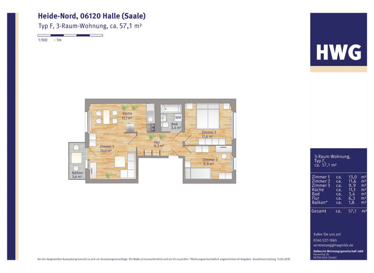Wohnung zur Miete 400 € 3 Zimmer 57,2 m² 5. Geschoss Aalweg 8 Heide Nord Halle 06120