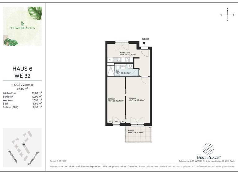 Wohnung zur Miete 997 € 2 Zimmer 52,5 m² 1. Geschoss Rheinstraße 2J Ludwigsfelde 14974