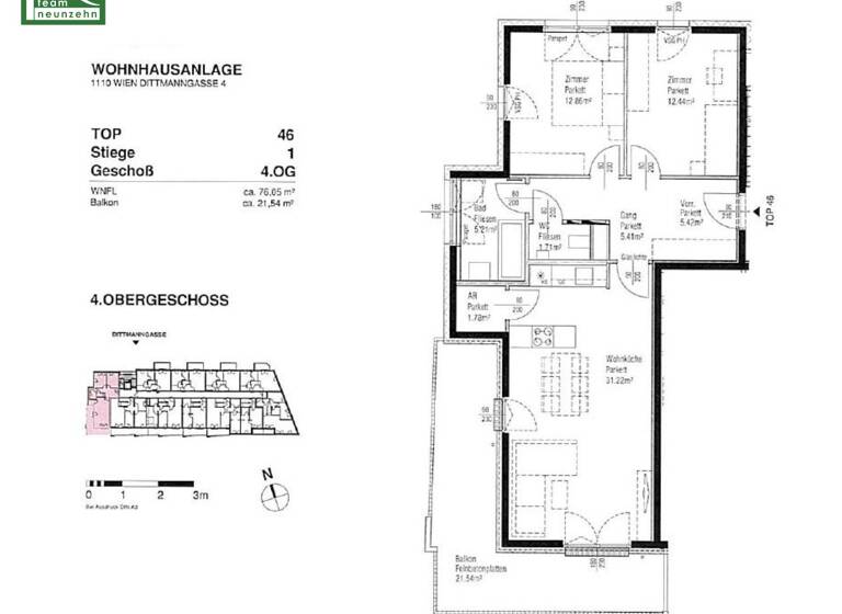 Wohnung zur Miete 1.200 € 3 Zimmer 76,1 m² 4. Geschoss frei ab 01.07.2026 Dittmanngasse 4 Wien 1110