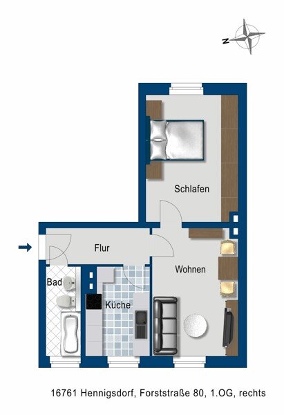 Wohnung zur Miete 407 € 2 Zimmer 40,7 m²<br/>Wohnfläche 1.<br/>Geschoss 18.02.2025<br/>Verfügbarkeit Forststr. 80 Hennigsdorf 16761