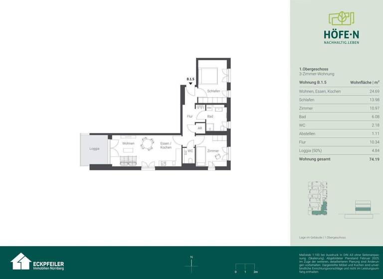 Wohnung zur Miete - Erstbezug 1.206 € 3 Zimmer 74,2 m² 1. Geschoss frei ab 01.03.2026 Leyh Nürnberg 90431