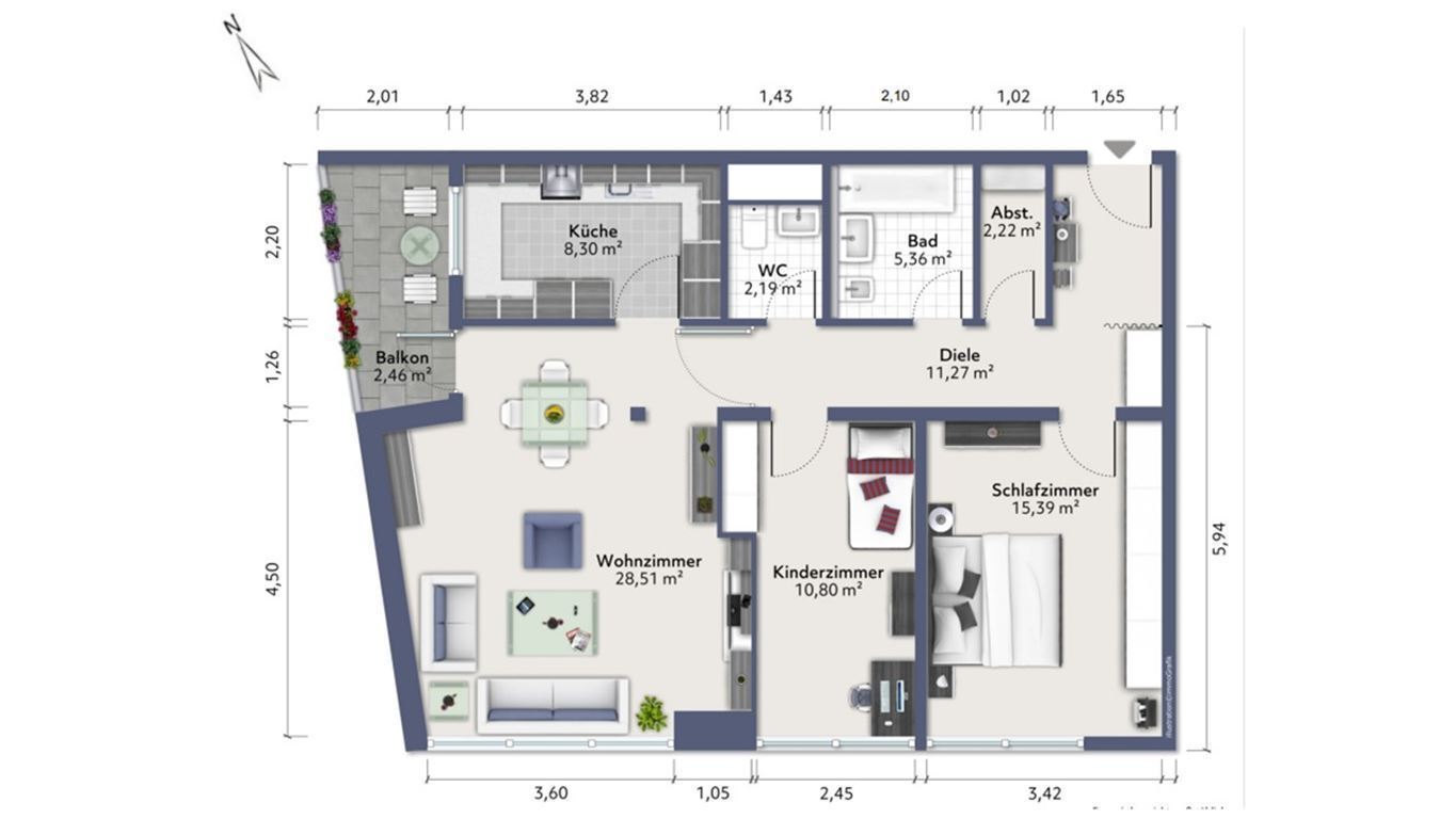 Wohnung zum Kauf 3 Zimmer 86,5 m²<br/>Wohnfläche 4.<br/>Geschoss ab sofort<br/>Verfügbarkeit Kehl - Sundheim Kehl 77694