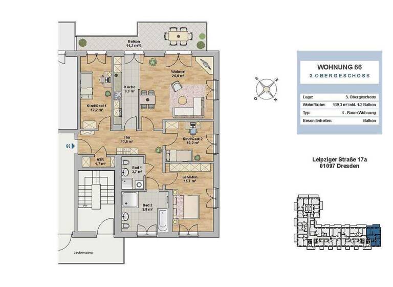 Wohnung zur Miete 2.300 € 4 Zimmer 109,3 m² 4. Geschoss frei ab sofort Leipziger Vorstadt Dresden 01097