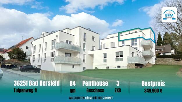 Penthouse zum Kauf provisionsfrei als Kapitalanlage geeignet 349.900 € 3 Zimmer 84 m² Tulpenweg 11 (Laufweg Klinikum Bad Hersfeld) Bad Hersfeld Bad Hersfeld 36251