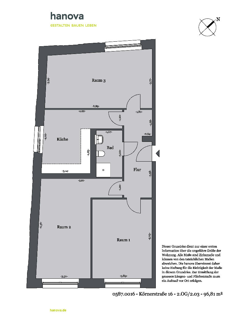 Wohnung zur Miete 1.264 € 3 Zimmer 96,8 m²<br/>Wohnfläche 2.<br/>Geschoss ab sofort<br/>Verfügbarkeit Körnerstr. 16 Mitte Hannover 30159