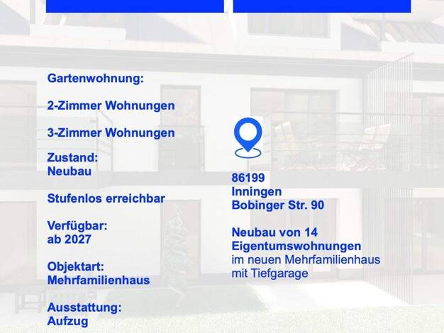 Terrassenwohnung zum Kauf - Neubau provisionsfrei als Kapitalanlage geeignet 497.000 € 3 Zimmer 70,3 m² Bobinger Str. 90 Inningen Augsburg 86199