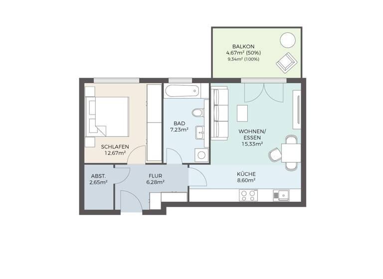 Wohnung zum Kauf 385.000 € 2 Zimmer 57,4 m² 2. Geschoss Nied Frankfurt am Main 65934