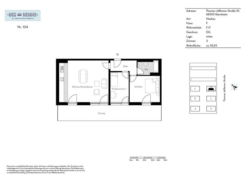 Wohnung zur Miete 1.390 € 3 Zimmer 95,9 m² 4. Geschoss Thomas-Jefferson-Straße 35 Käfertal Mannheim 68309
