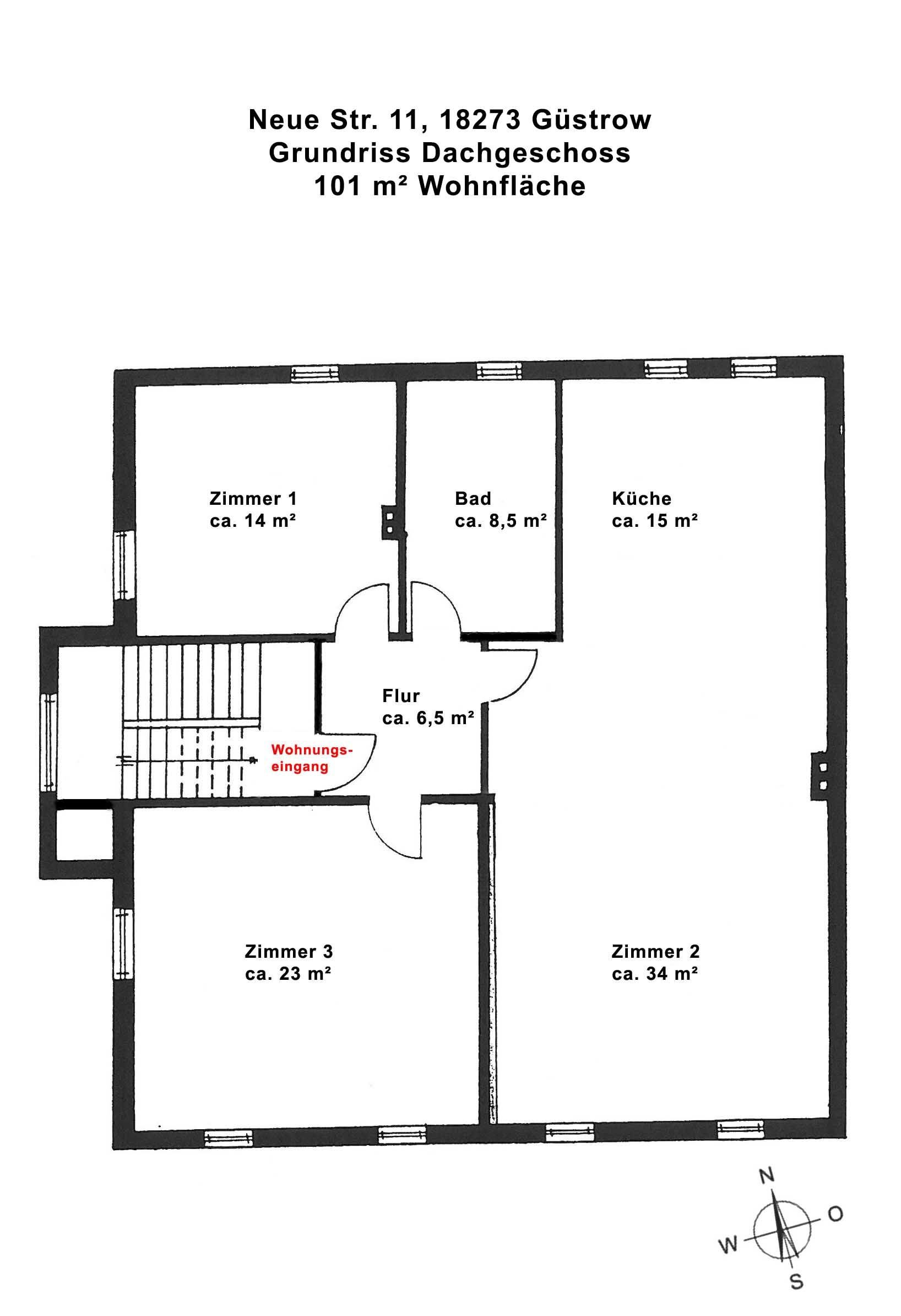 Wohnung zur Miete 738 € 3 Zimmer 101 m²<br/>Wohnfläche 3.<br/>Geschoss ab sofort<br/>Verfügbarkeit Neue Str. 11 Rostocker Viertel Güstrow 18273