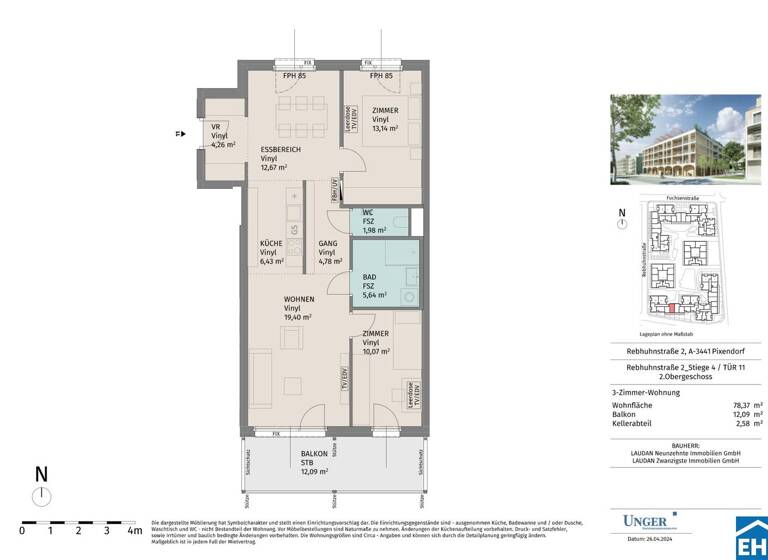 Wohnung zur Miete - Erstbezug 814 € 3 Zimmer 78,4 m² 2. Geschoss Rebhuhnstraße Pixendorf 3451