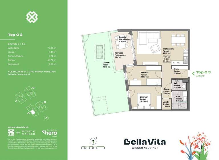 Wohnung zum Kauf provisionsfrei 316.593 € 3 Zimmer 73 m² EG Ackergasse 14 Wiener Neustadt 2700