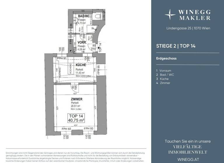 Wohnung zum Kauf 279.000 € 2 Zimmer 40,8 m² EG Lindengasse 25 Wien 1070