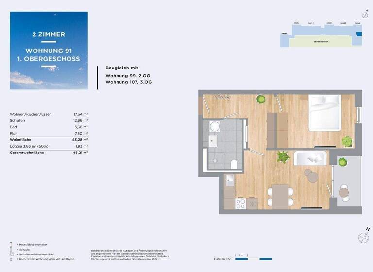 Wohnung zum Kauf - Erstbezug provisionsfrei 399.000 € 2 Zimmer 45,1 m² 3. Geschoss Pommernstr. 10 Eching 85386
