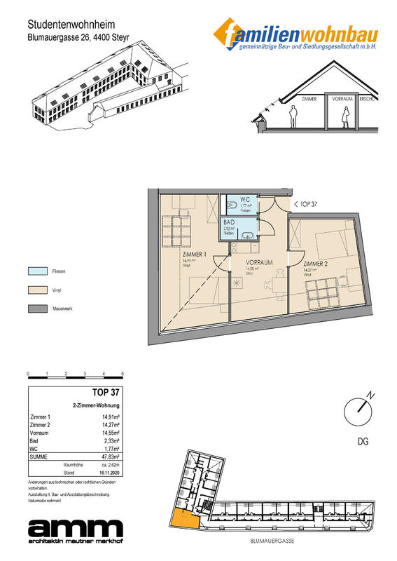 Wohnung zur Miete 479 € 1 Zimmer 14,9 m²<br/>Wohnfläche Blumauergasse 26 Steyr Steyr 4400