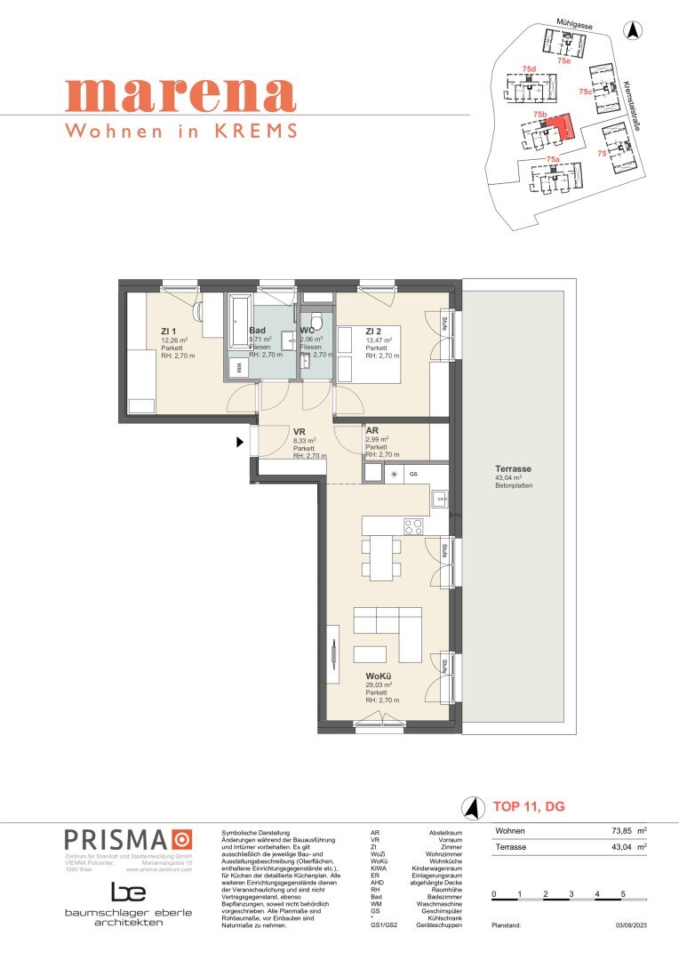 Wohnung zur Miete 777 € 2 Zimmer 45,4 m²<br/>Wohnfläche 2.<br/>Geschoss 01.03.2025<br/>Verfügbarkeit Kremstalstraße 75b Krems an der Donau Krems an der Donau 3500