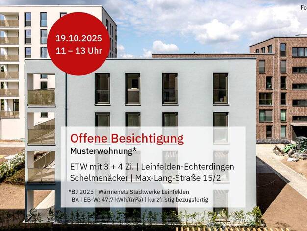 Wohnung zum Kauf - Erstbezug provisionsfrei 399.000 € 3 Zimmer 81,5 m² 1. Geschoss Schelmenäcker 0 Leinfelden Leinfelden-Echterdingen 70771